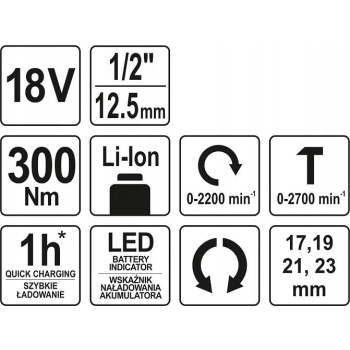 KLUCZ UDAROWY 18V 1/2'' 300NM, BEZ AKUMULATORA YAT