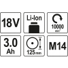 SZLIFIERKA KĄTOWA 125MM 18V 2X3AH YATO