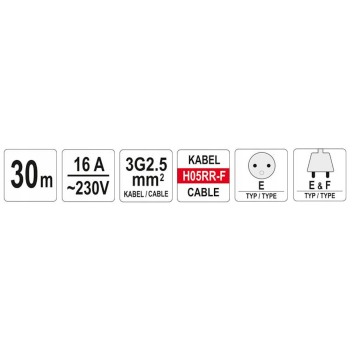 PRZEDŁUŻACZ BĘBNOWY 30M 4 GNIAZDA 3*2.5MM2 YATO