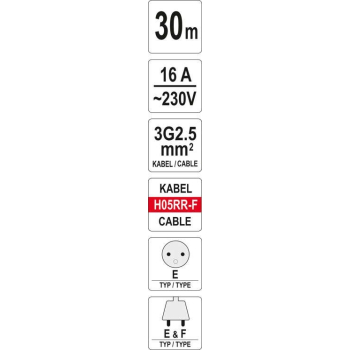 PRZEDŁUŻACZ BĘBNOWY 30M 4 GNIAZDA 3*2.5MM2 YATO