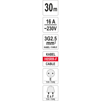 PRZEDŁUŻACZ BĘBNOWY 30M 4 GNIAZDA 3*2.5MM2 YATO