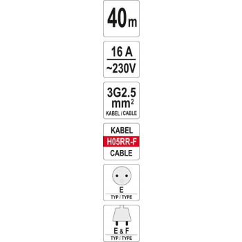 PRZEDŁUŻACZ BĘBNOWY 40M 4 GNIAZDA 3*2.5MM2 YATO