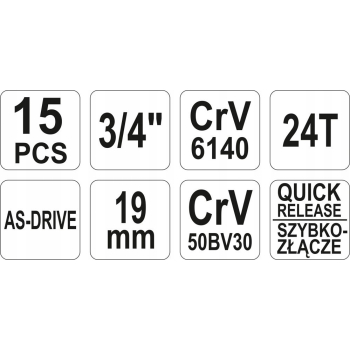 ZESTAW NARZĘDZIOWY 3/4' 15CZ. YATO