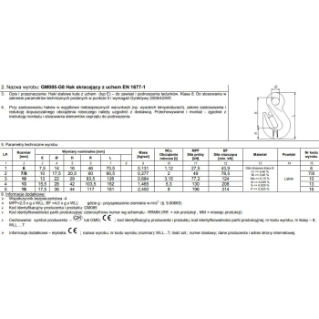 HAK SKRACAJĄCY Z UCHEM 10MM WLL3.15T G8 EN1677-1