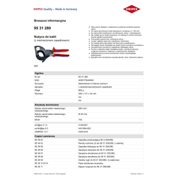 NOŻYCE DO KABLI 280MM, MECHANIZM ZAPADKOWY
