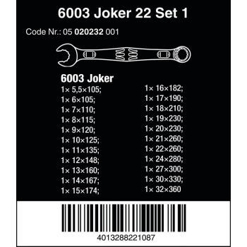 ZESTAW KLUCZY PŁASKO-OCZKOWYCH 6003 JOKER 22 SET 1, 22SZT.