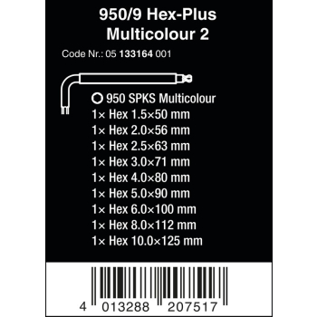 ZESTAW KLUCZY TRZPIENIOWYCH 950/9 HEX-PLUS MULTICOLOUR