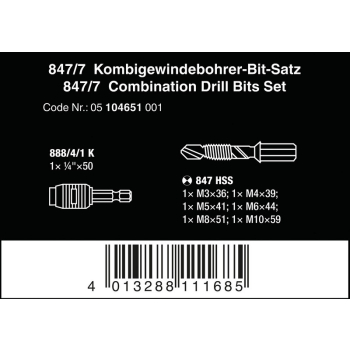 ZESTAW WIERTEŁ-GWINTOWNIKÓW Z CHWYTEM SZEŚCIOKĄTNYM, 7CZ.